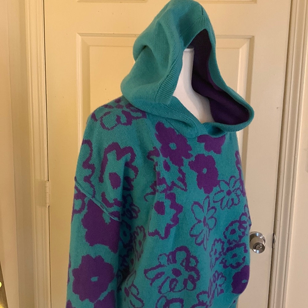 Free People Teal and Purple Floral Hooded Pullover Sweater - Picture 7 of 16